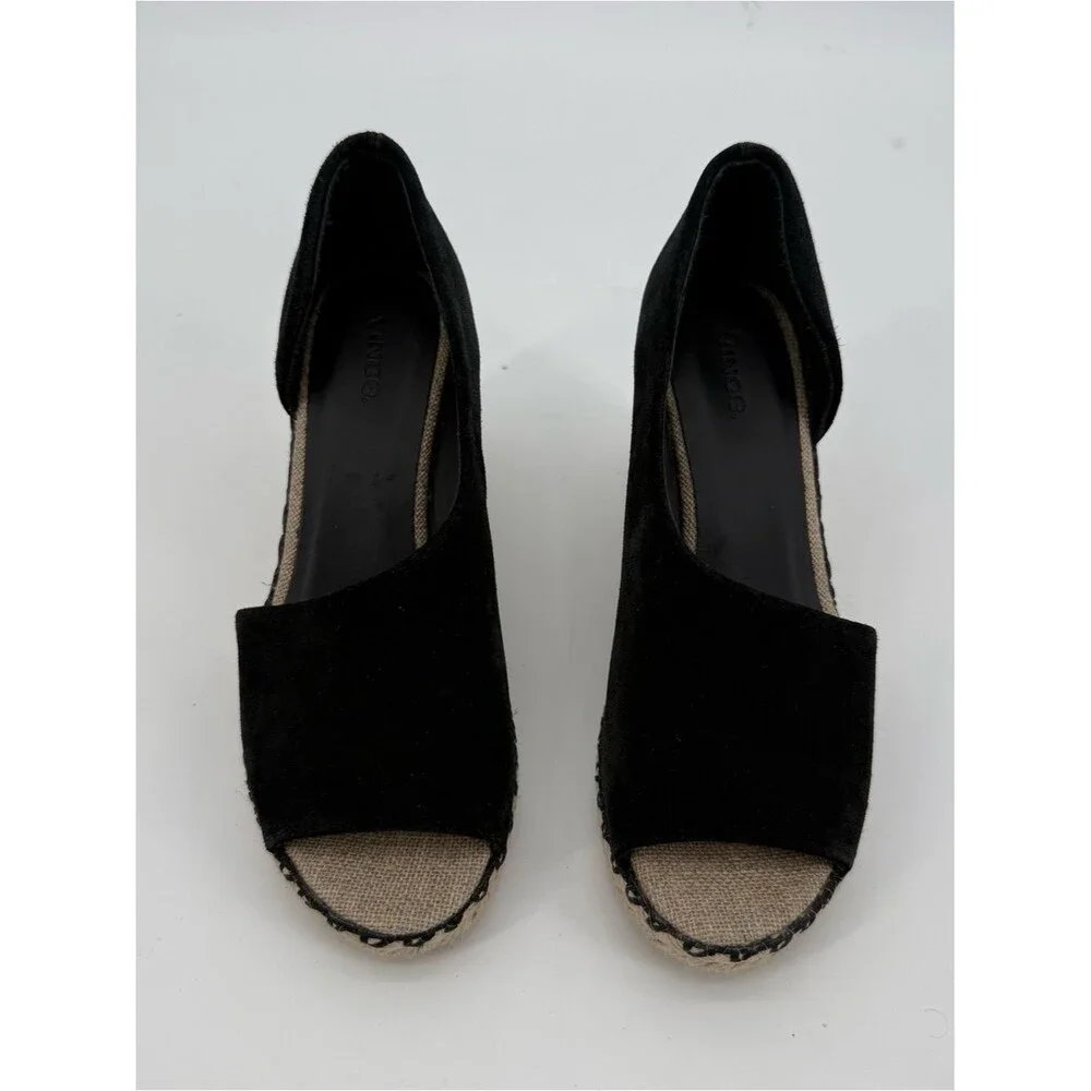 Vince Black Espadrille Wedges Suede Peep Toe Size 7.5M Designer Sonora Cutout